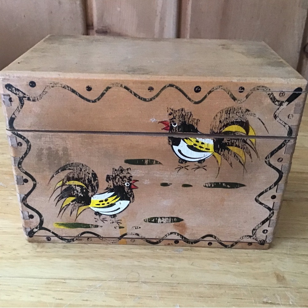 Rustic Wooden Recipe Box with Rooster Design
